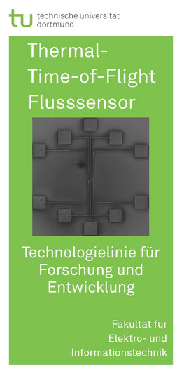 Flyer with green background and text in white font "Thermal Time-of-Flight Flow Sensor" with graphic
