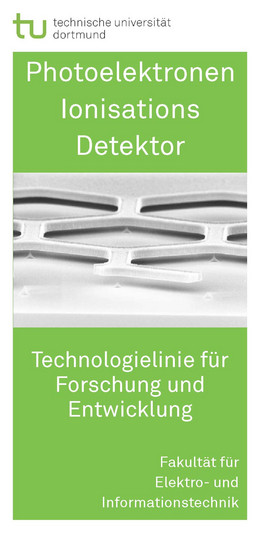 Flyer with green background and text in white font "Photoelectron Ionisation Detector" with illustration in the centre