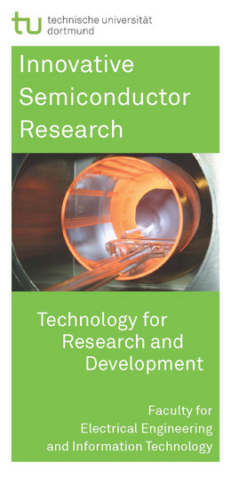 Flyer mit grünem Hintergrund und englischsprachigem Text in weißer Schrift: Titel "Innovative Semiconductor Research" und einem Bild in der Mitte