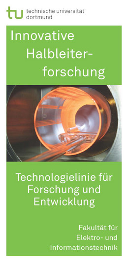Flyer mit grünem Hintergrund und Text in weißer Schrift "Innovative Halbleiterforschung" und einem Foto in der Mitte