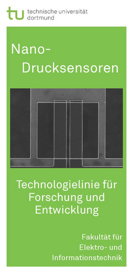 Flyer with green background and text in white font "Nano Pressure Sensors" and a graphic in the centre