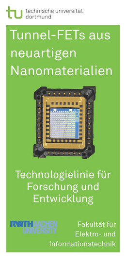 Flyer mit grünem Hintergrund und Text in weißer Schrift "Tunnel-FETs aus neuartigen Nanomaterialien" mit Grafik