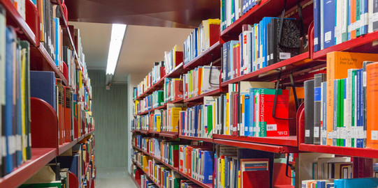 Rote Bücherregale in der Universitätsbilbliothek.